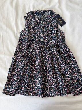 NWT Polo by Ralph Lauren Navy Pink Floral Button-Front Girls Dress 2T